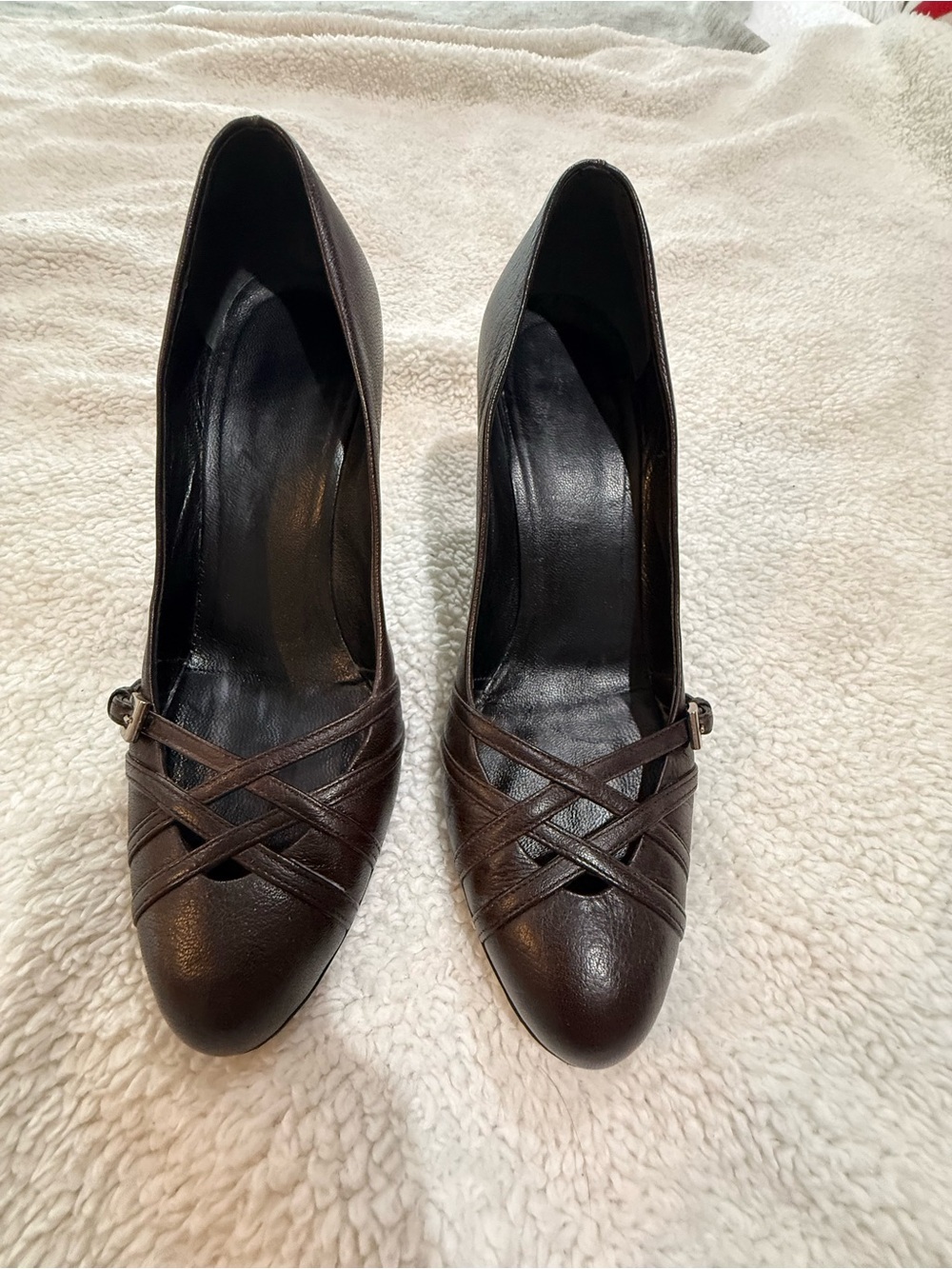 Prada Dark Brown Leather Crisscross Strap Pumps